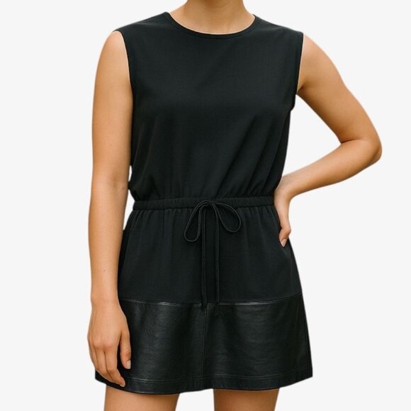 Vince Dress Leather Trim Small LBD Mini Sleeveless EUC Classic Chic - Picture 1 of 9